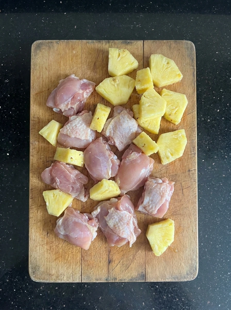 Cut chicken and pineapple