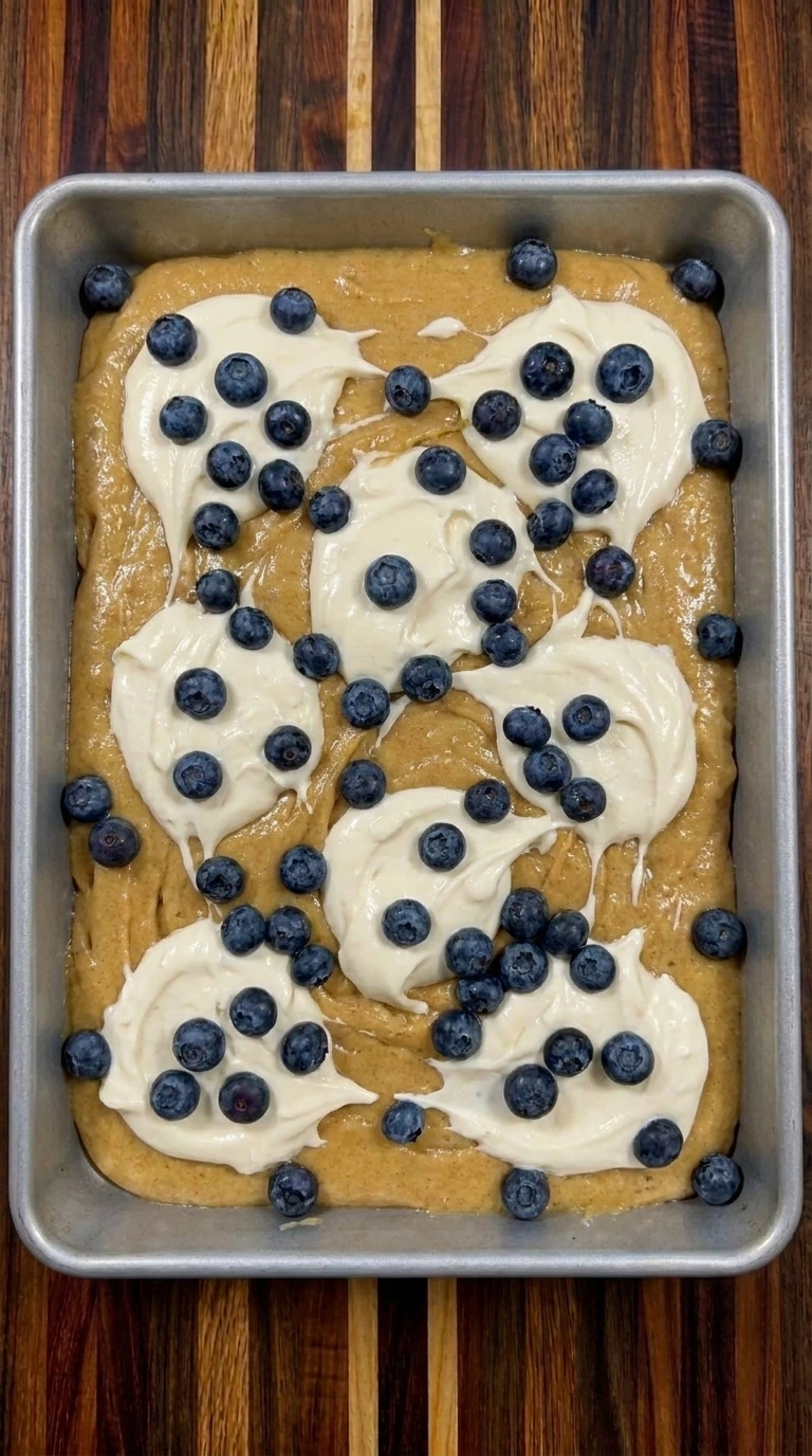 Layering blueberry cream cheese bread batter