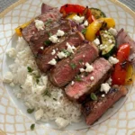 Mediterranean Steak Bowl with fresh vegetables and feta