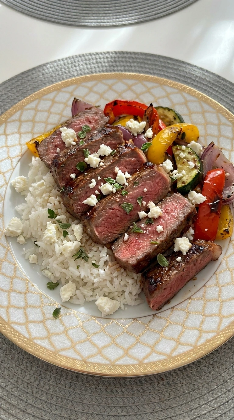 Mediterranean Steak Bowl with fresh vegetables and feta
