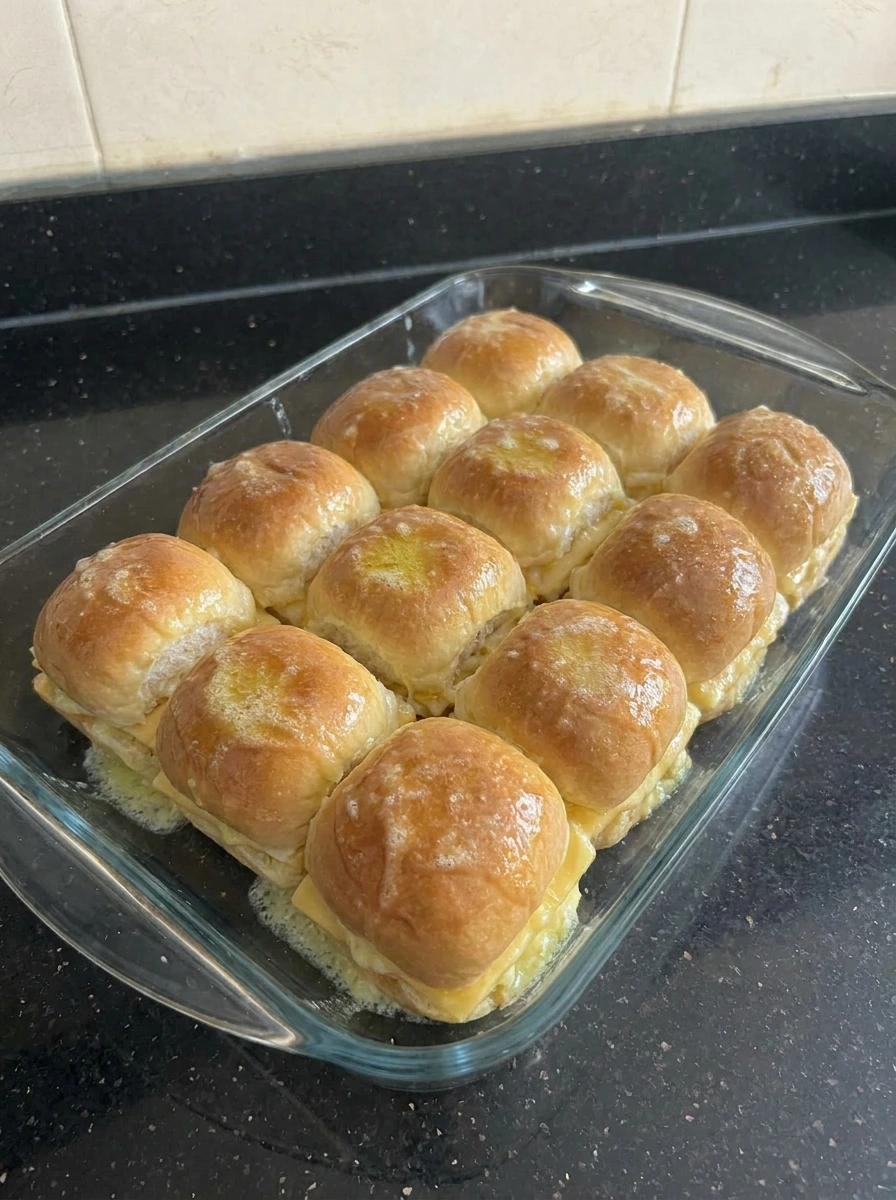 sliders baking with melted cheese and golden tops