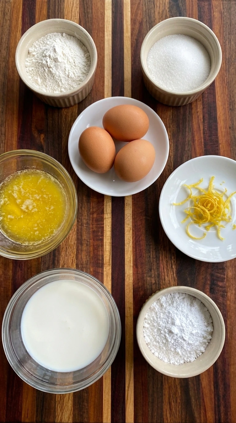 ingredients for mini lemon cakes with lavender glaze