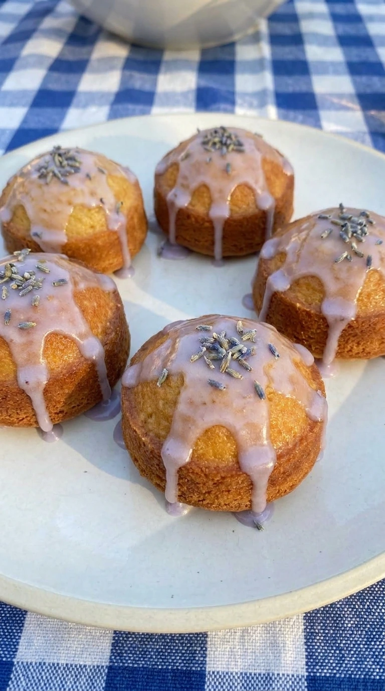 mini lemon cakes with lavender glaze on plate