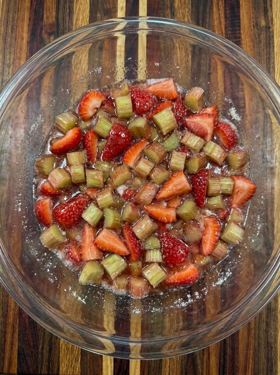 mixing strawberry rhubarb filling