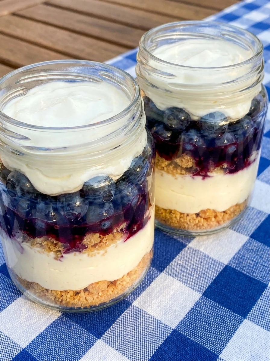 no bake red white and blue cheesecake jars with layered berries