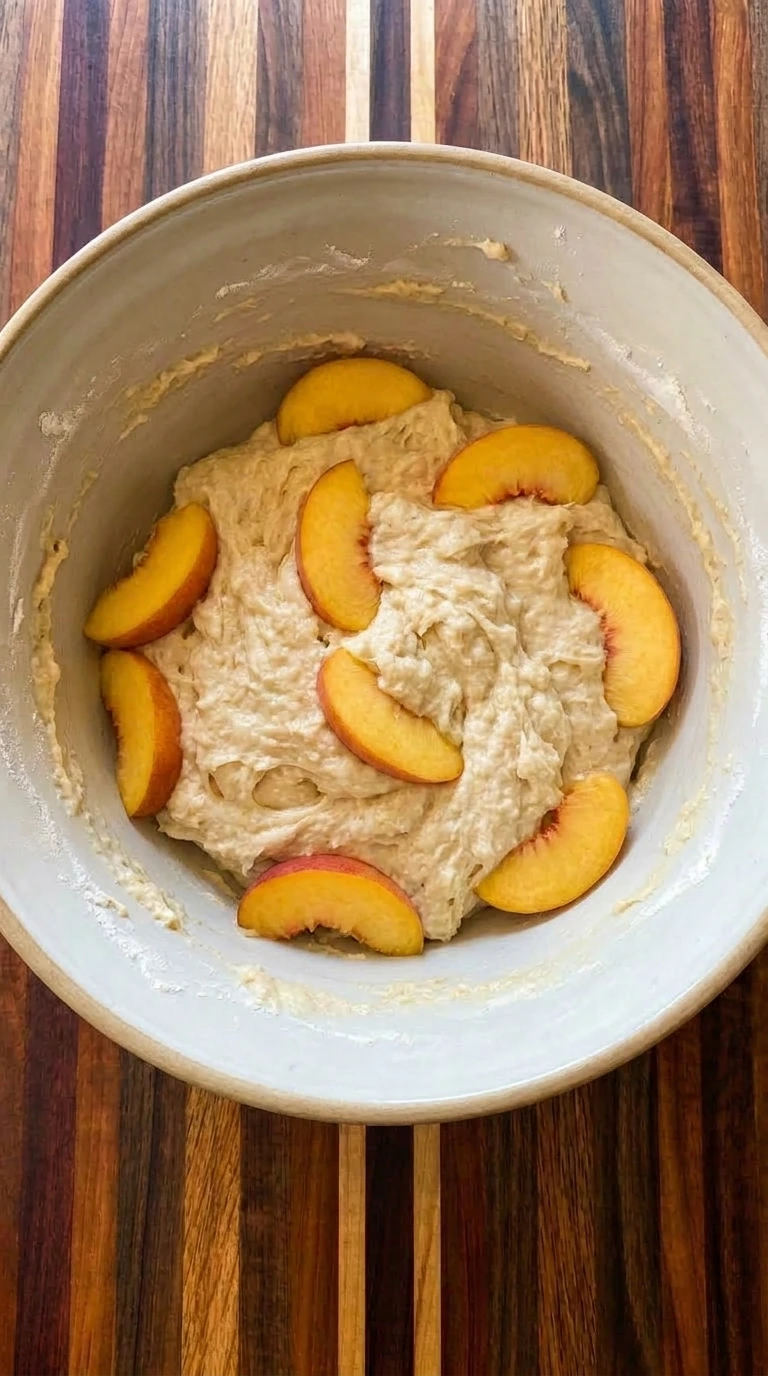 Peach slices mixed into batter