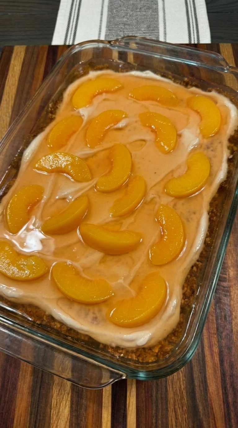 Peach gelatin layer with fruit