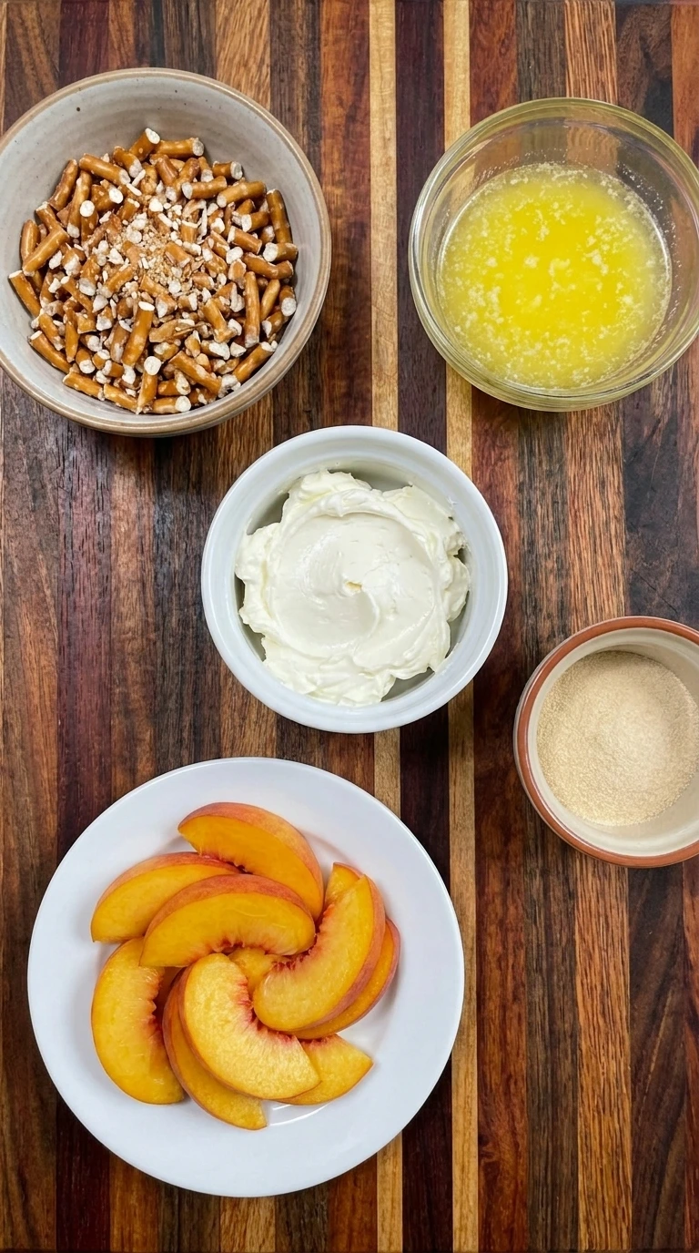 Ingredients for peach pretzel salad dessert