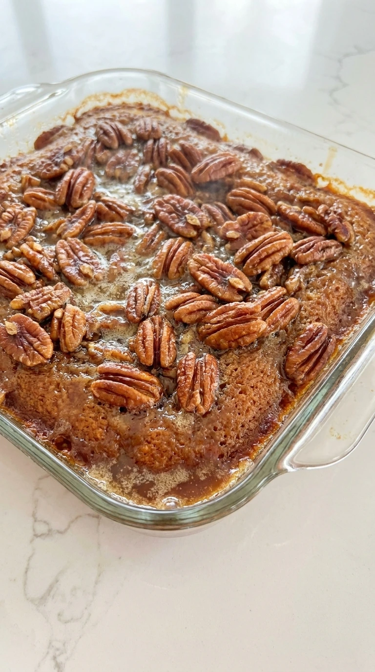 Pecan Pie Dump Cake golden top with pecans