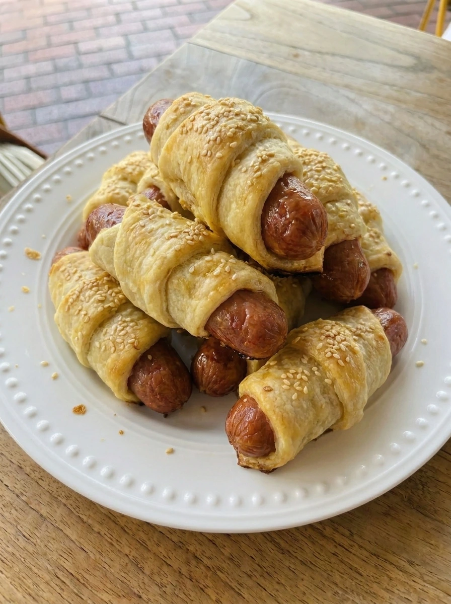 Golden pigs in a blanket with flaky dough and juicy sausages