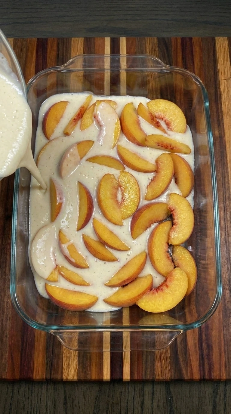 batter over peaches