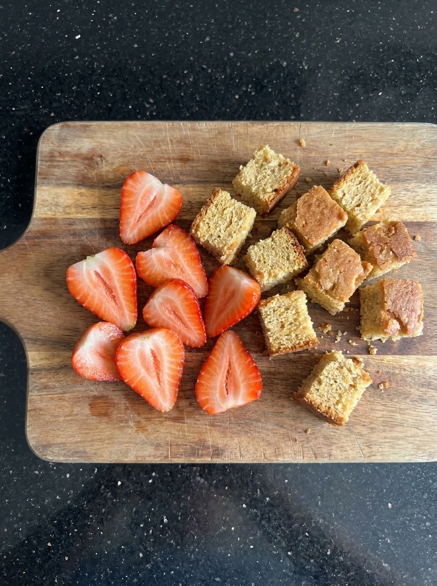 Sliced strawberries and cubed cake