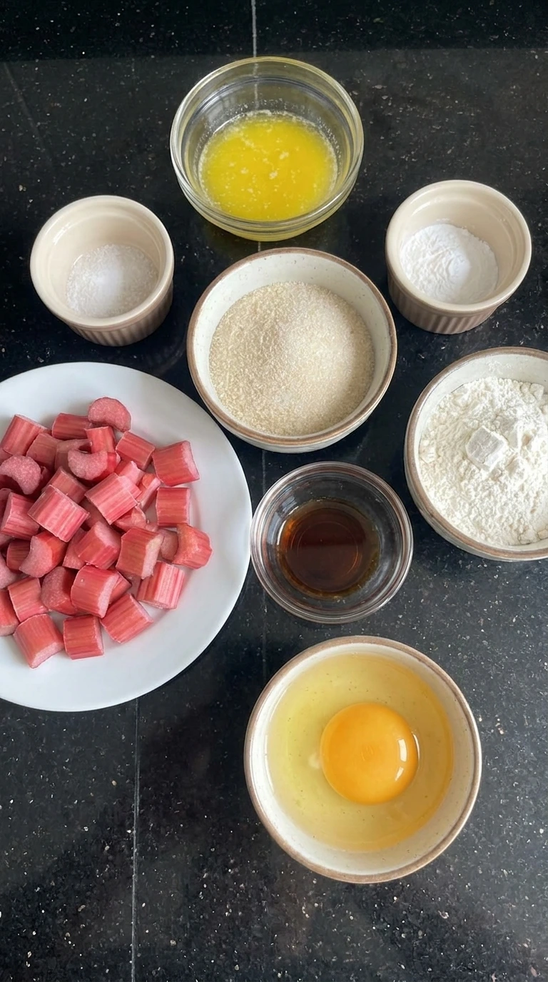 ingredients for rhubarb bars in bowls
