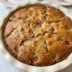 Homemade rhubarb cake with golden crust