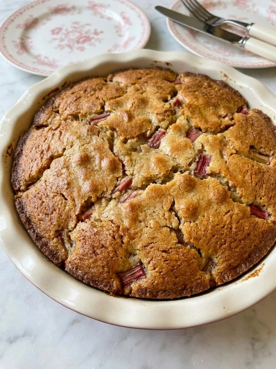 Homemade rhubarb cake with golden crust