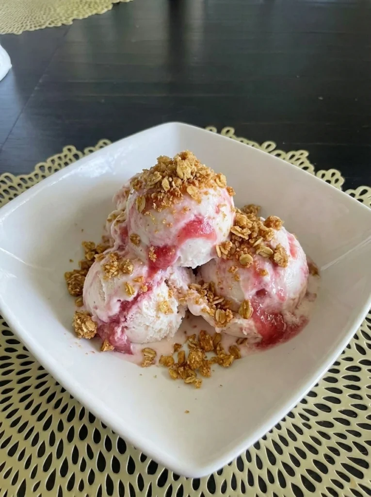 Rhubarb Crisp Ice Cream creamy scoops with crisp topping