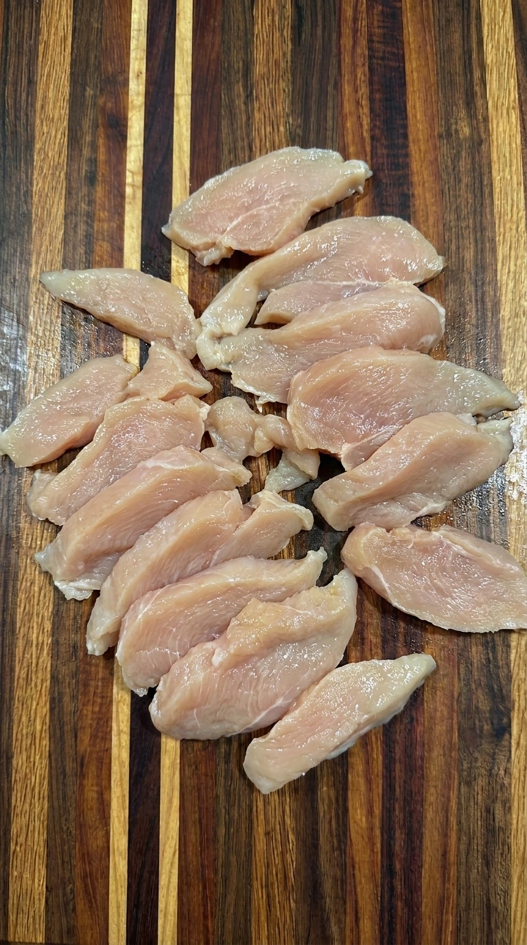 Sliced raw chicken strips