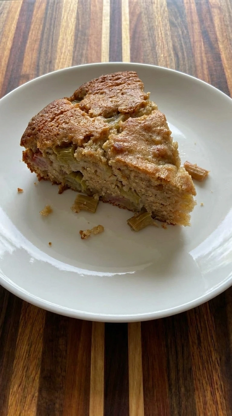 Sliced rhubarb cake showing inside texture