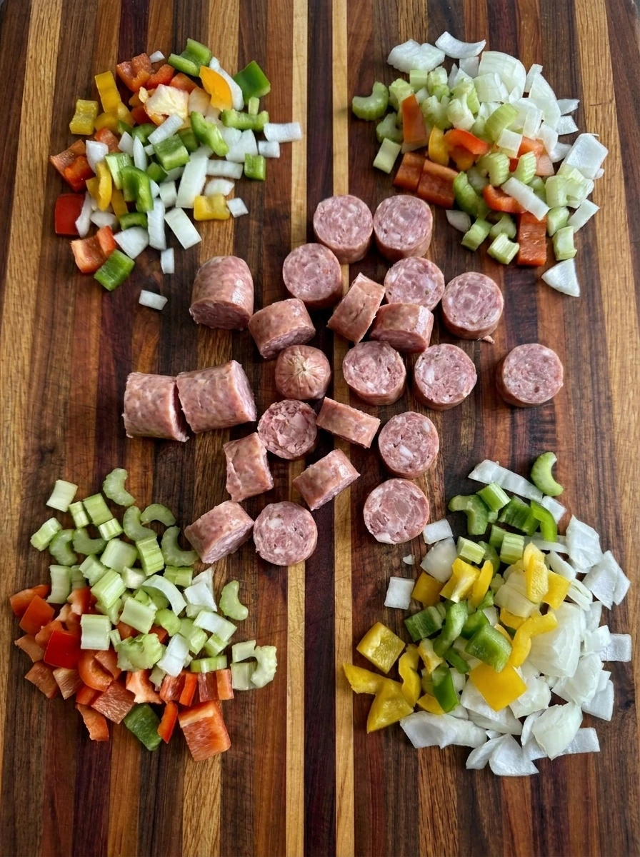 Sliced sausage and chopped vegetables