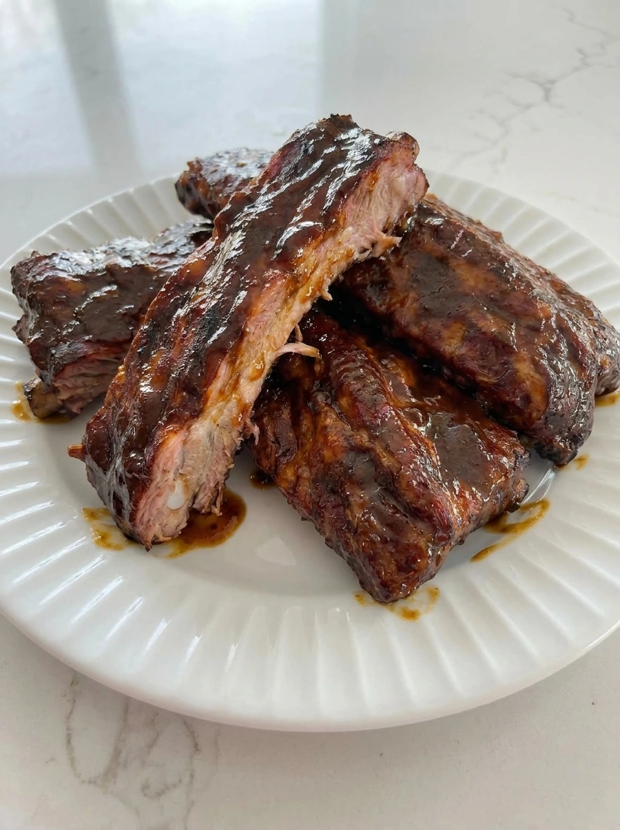 Slow Cooker Ribs tender and saucy on plate