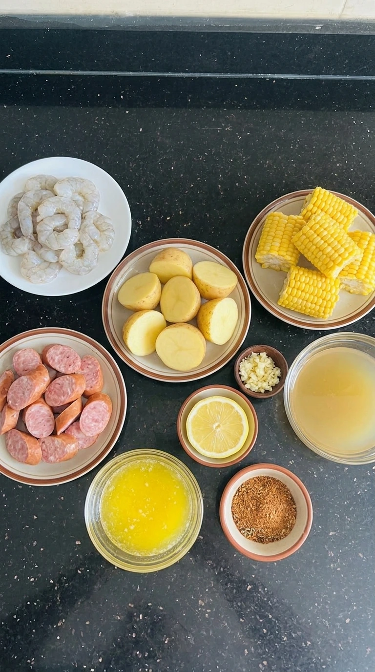Ingredients for slow cooker shrimp boil arranged separately