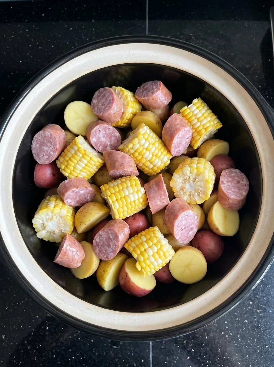 Layer potatoes corn and sausage in slow cooker