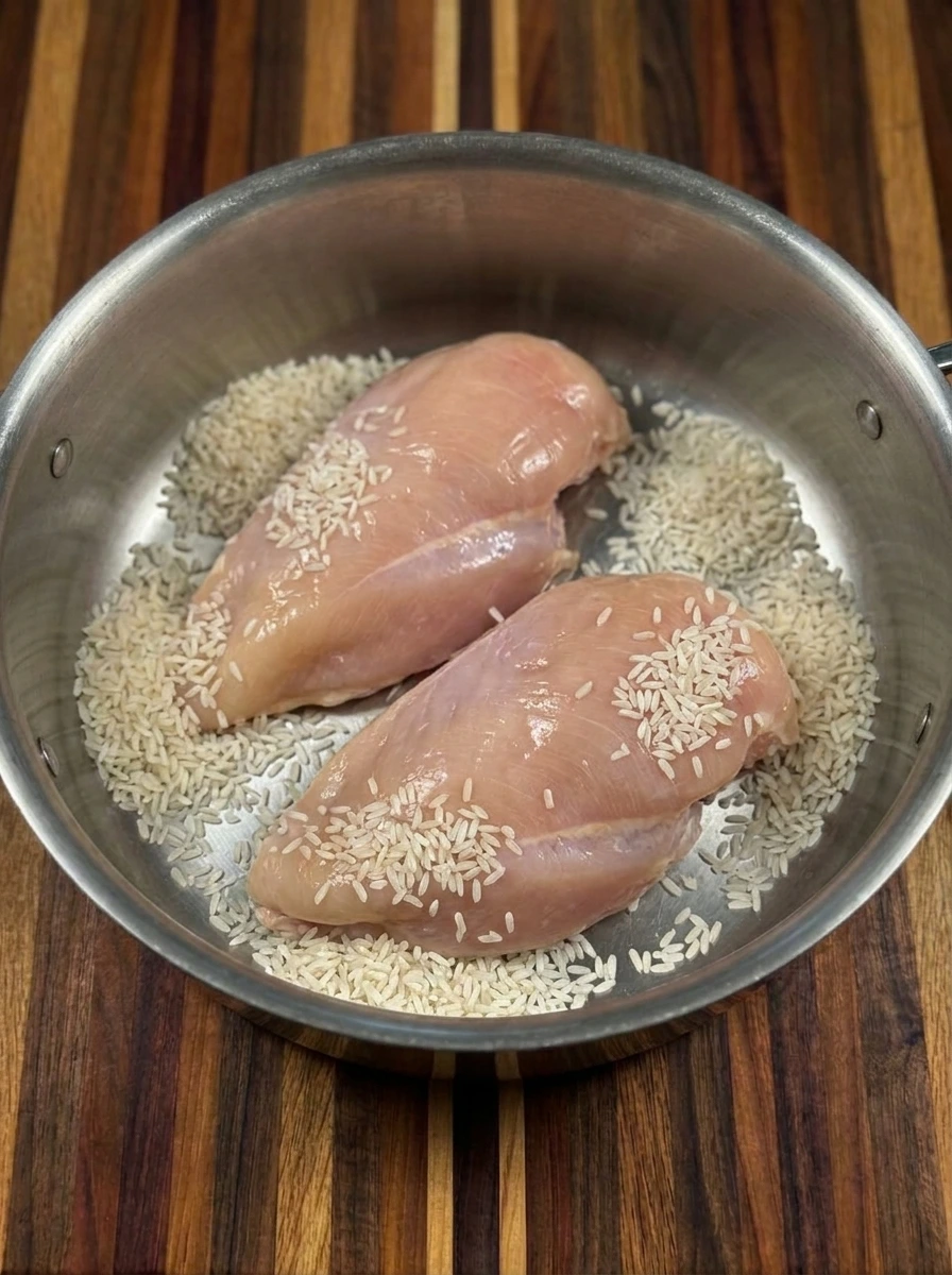 Chicken and rice layered in pot