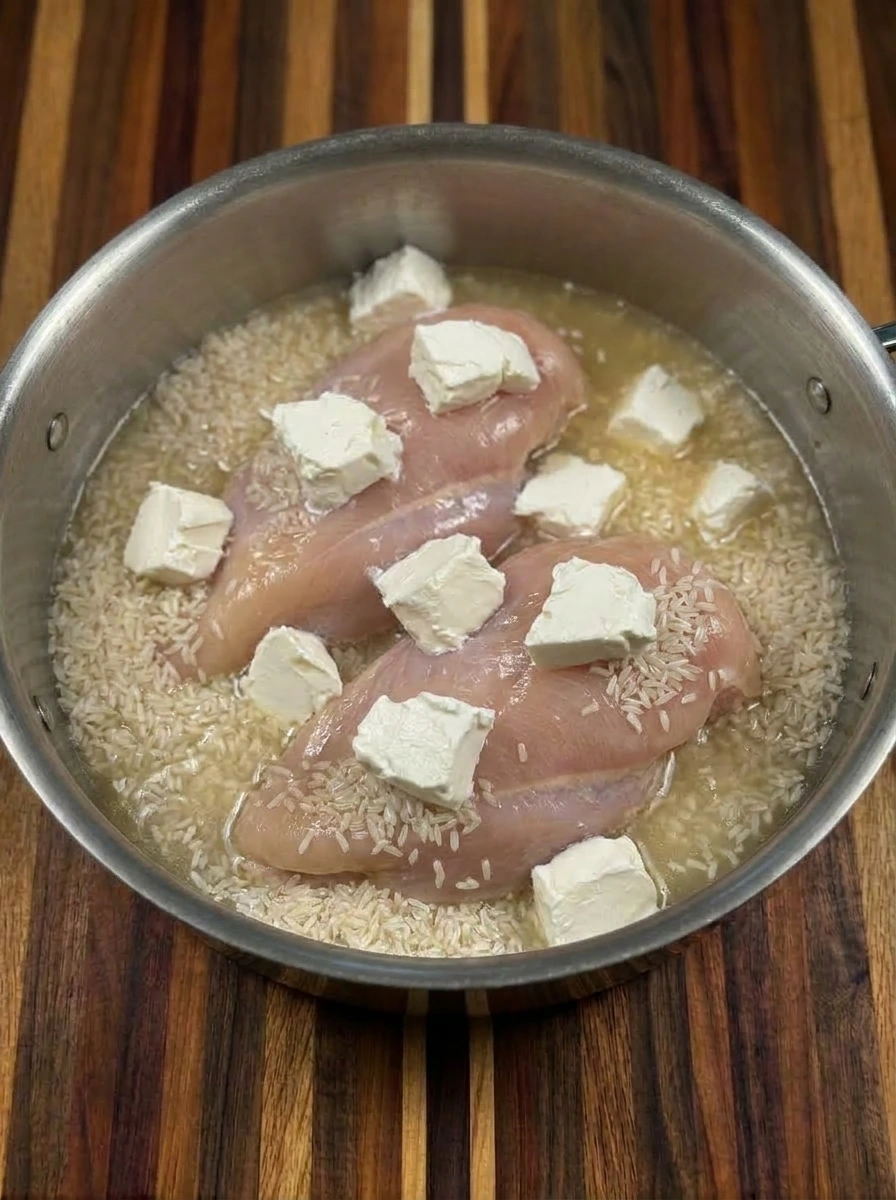 Cream cheese and broth added to chicken and rice