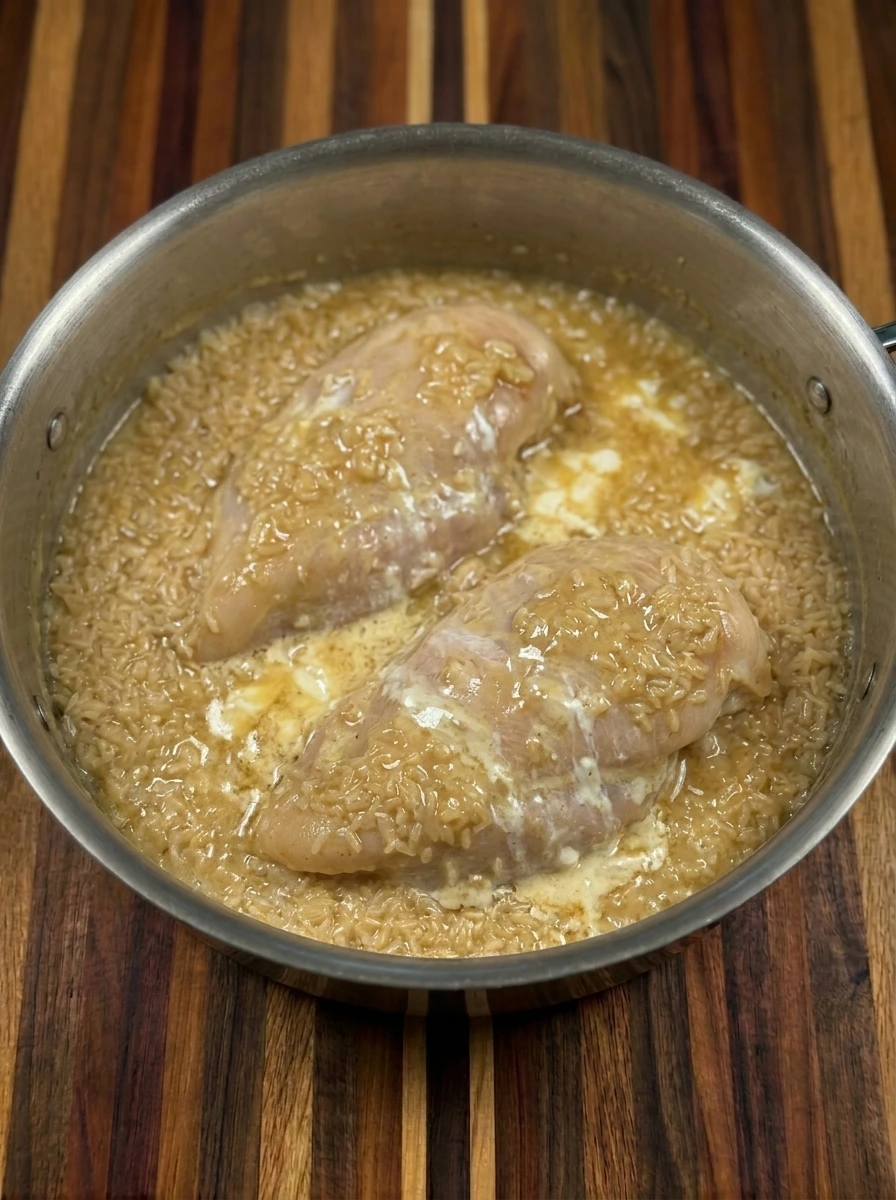 Cooked creamy chicken and rice