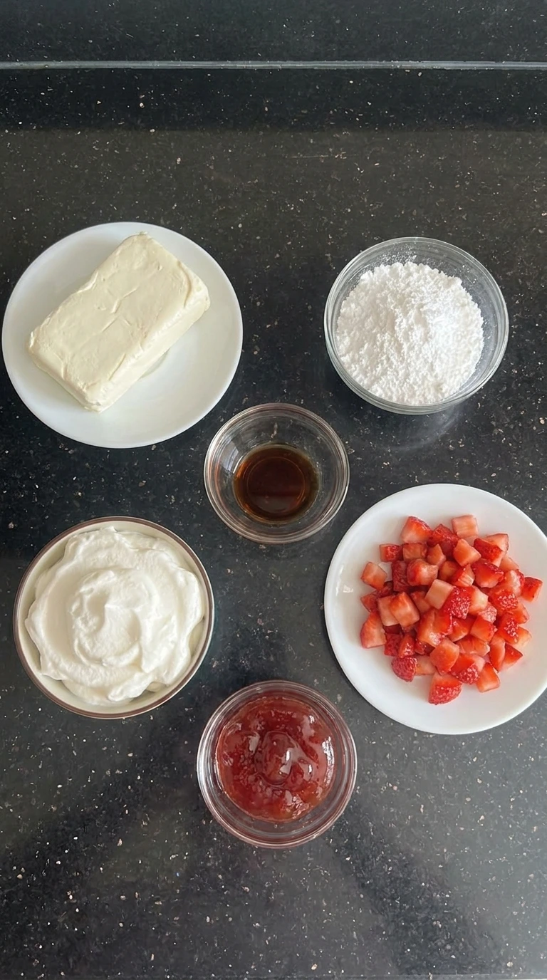 ingredients for strawberry cheesecake dip in separate bowls