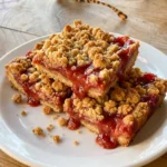 Strawberry Rhubarb Crumb Bars sliced with crumb topping
