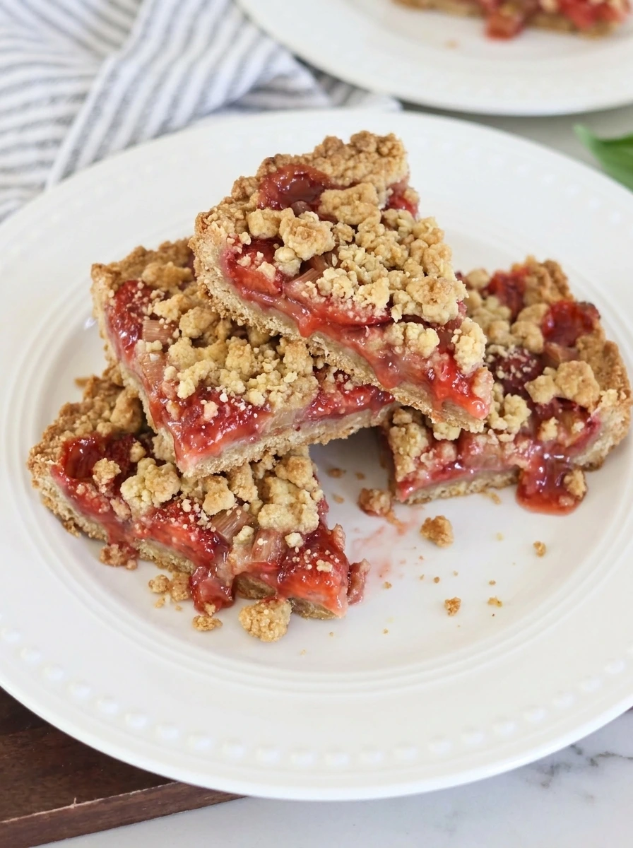 sliced strawberry rhubarb crumb bars