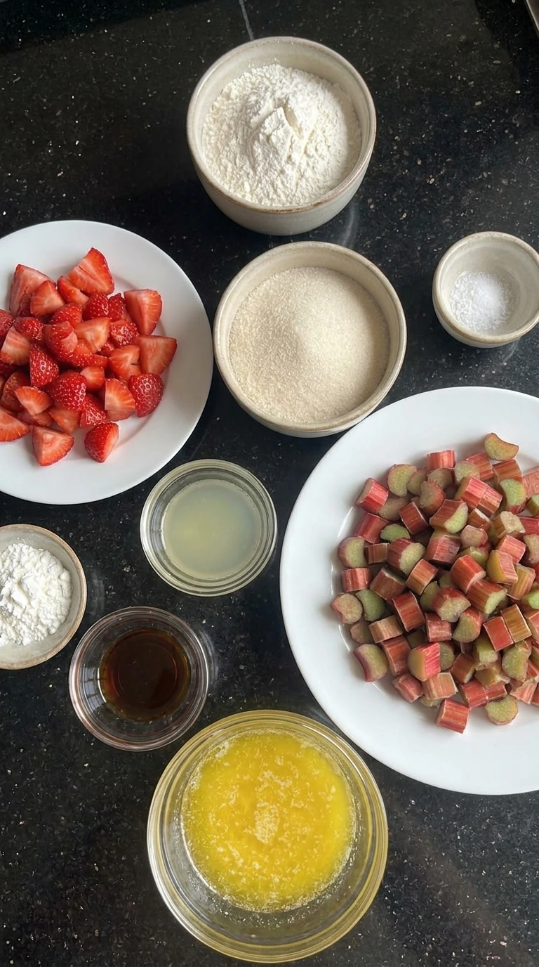 Ingredients for strawberry rhubarb crumb bars