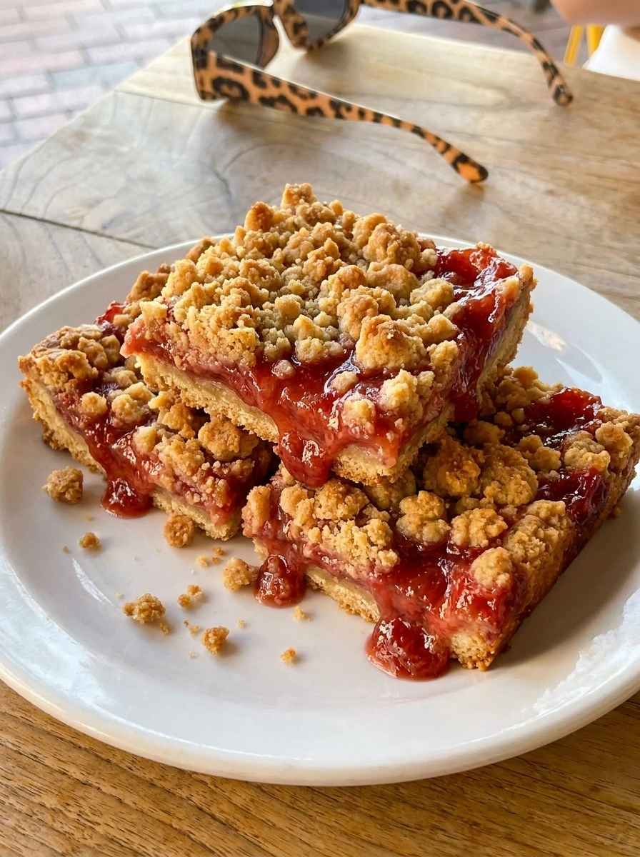 Strawberry Rhubarb Crumb Bars sliced with crumb topping
