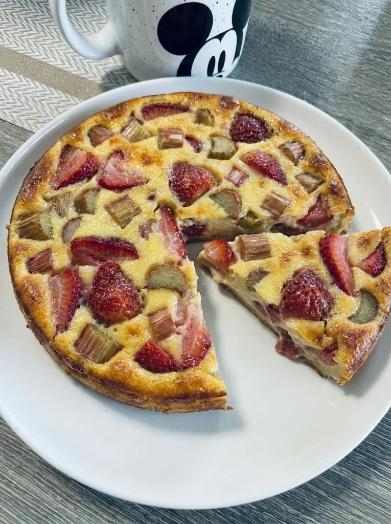 Strawberry Rhubarb Custard Pie baked with creamy filling