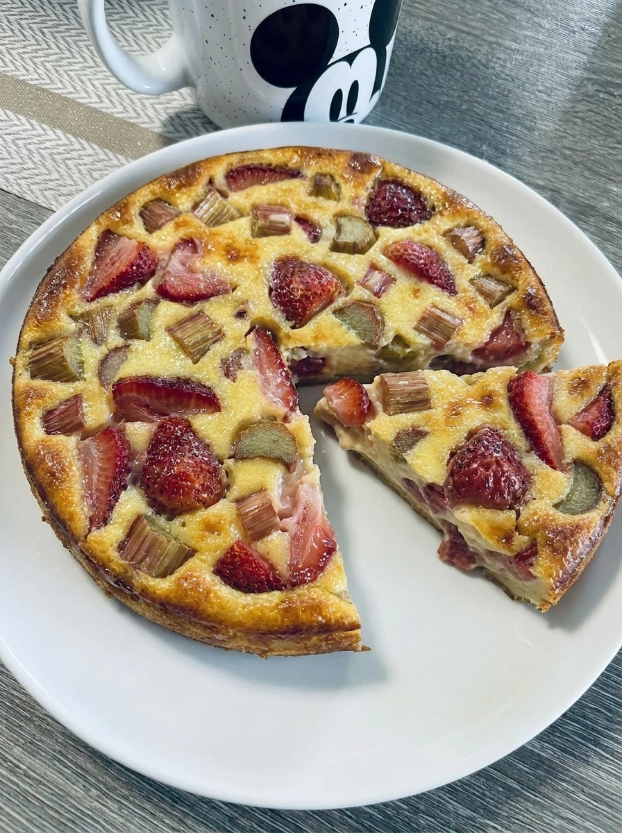 Strawberry Rhubarb Custard Pie baked with creamy filling