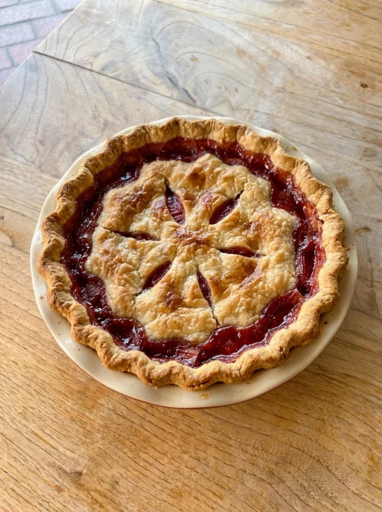 homemade strawberry rhubarb pie with golden crust