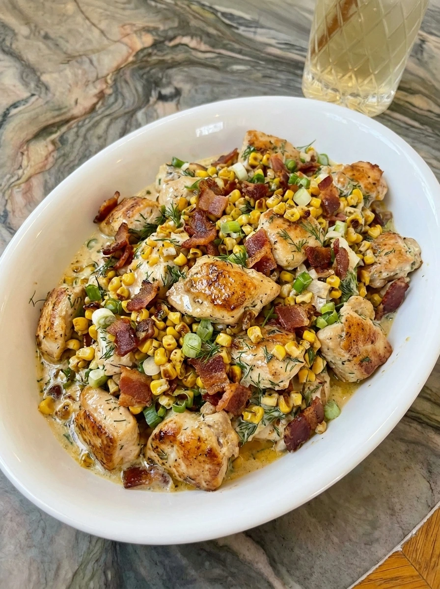 Street Corn Chicken Salad with creamy dressing and charred corn