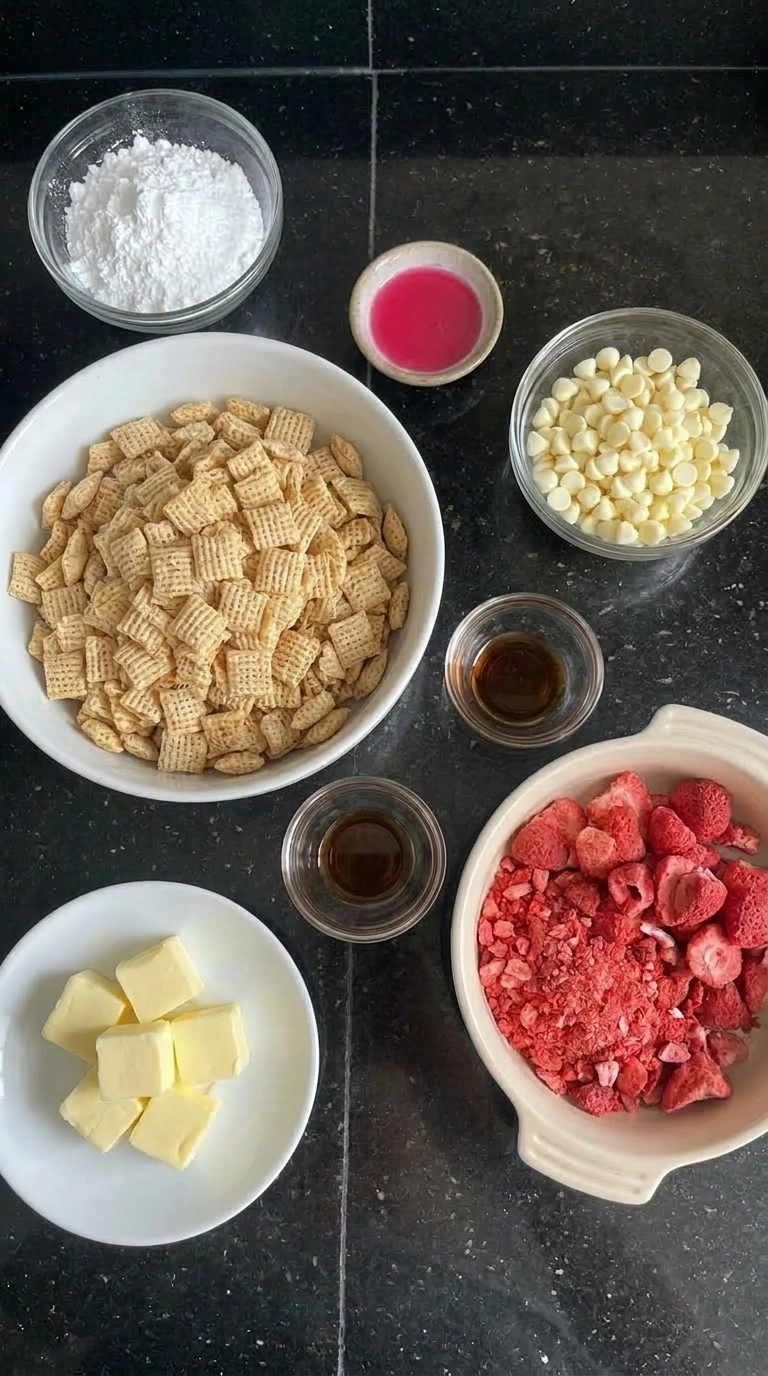 Ingredients for Strawberry Puppy Chow in separate containers