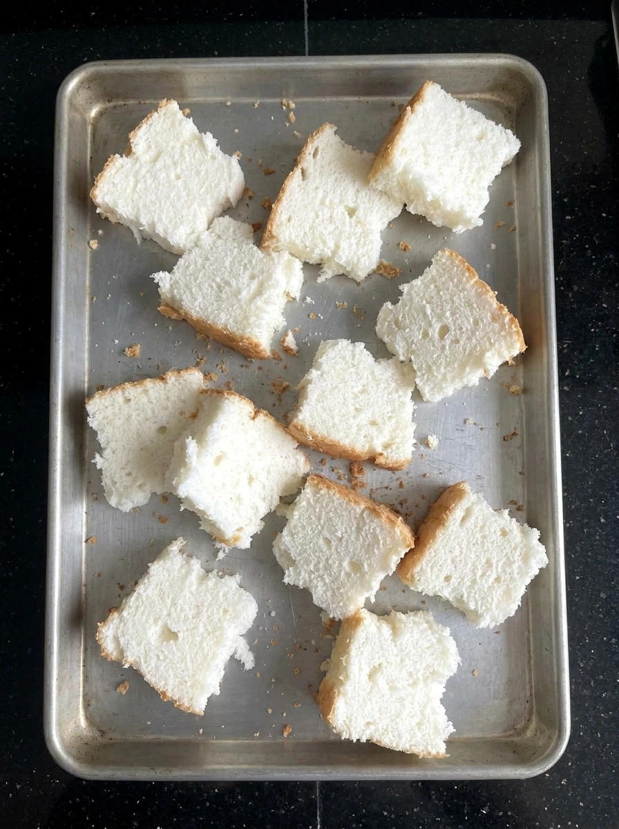 Torn angel food cake pieces on baking tray
