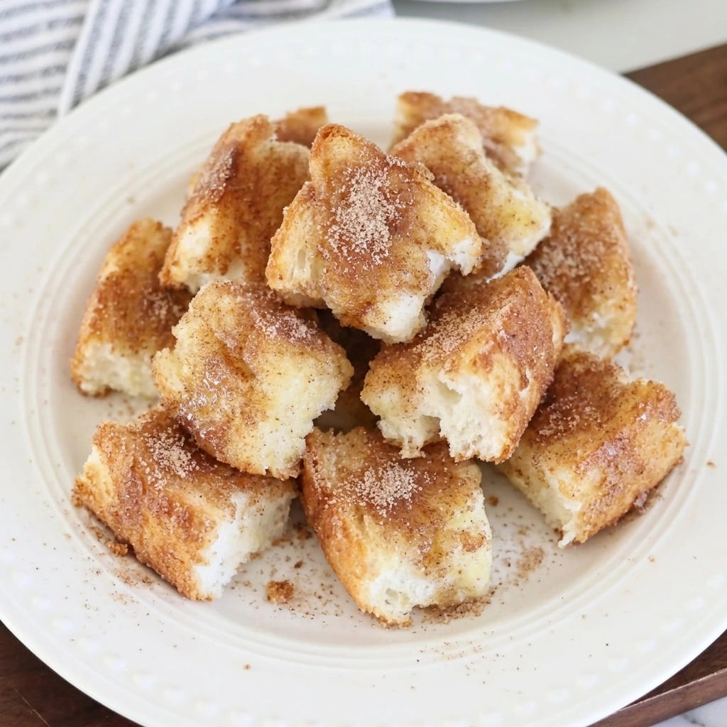 Warm Angel Cake Churro Bites served on white plate