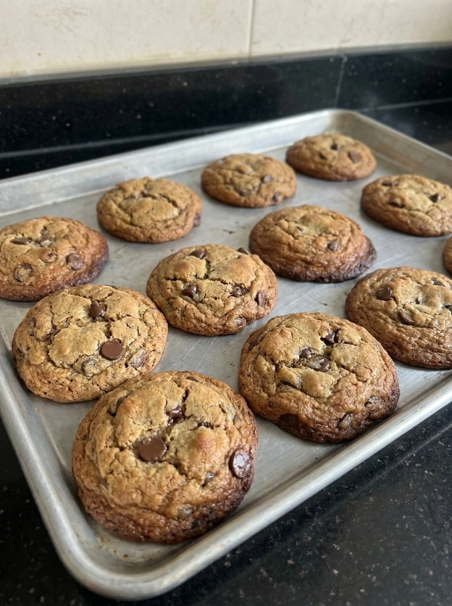 Freshly baked Banana Bread Chocolate Chip Cookies on baking tray.