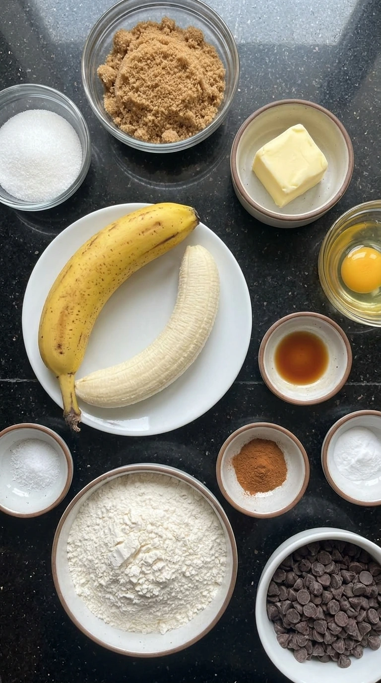 Ingredients for Banana Bread Chocolate Chip Cookies in separate containers.