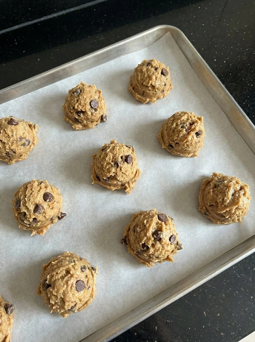 Scooped banana cookie dough on baking tray.