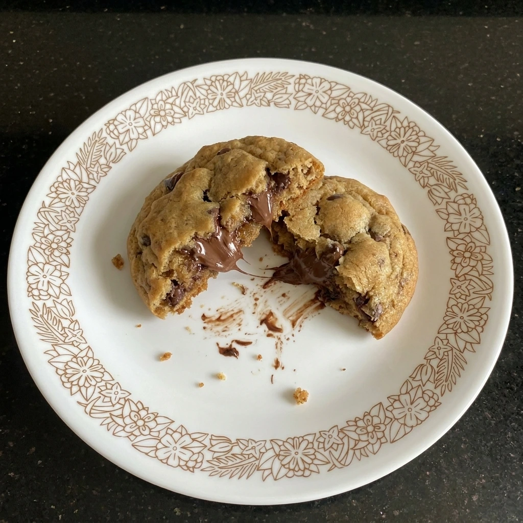 Warm Banana Bread Chocolate Chip Cookie broken open on plate.