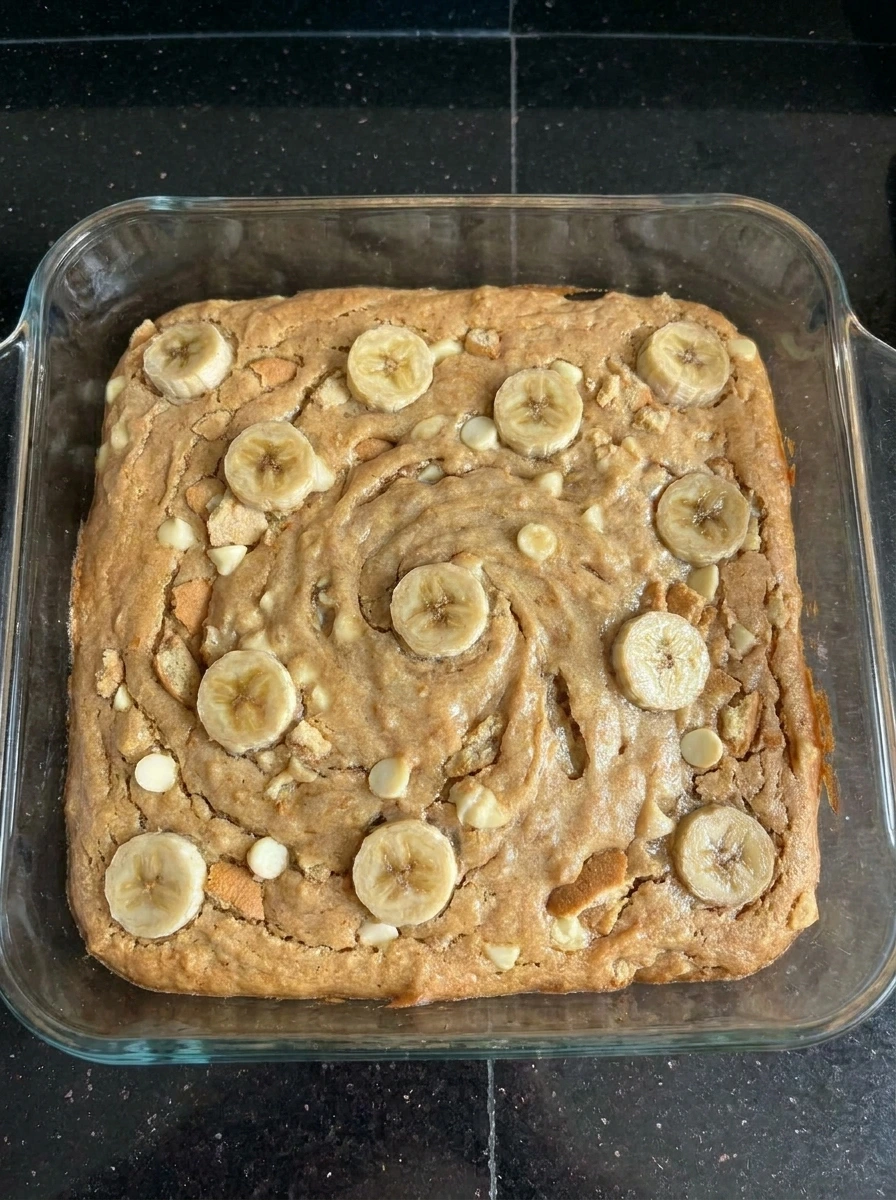 Freshly baked Banana Pudding Brownies with golden edges