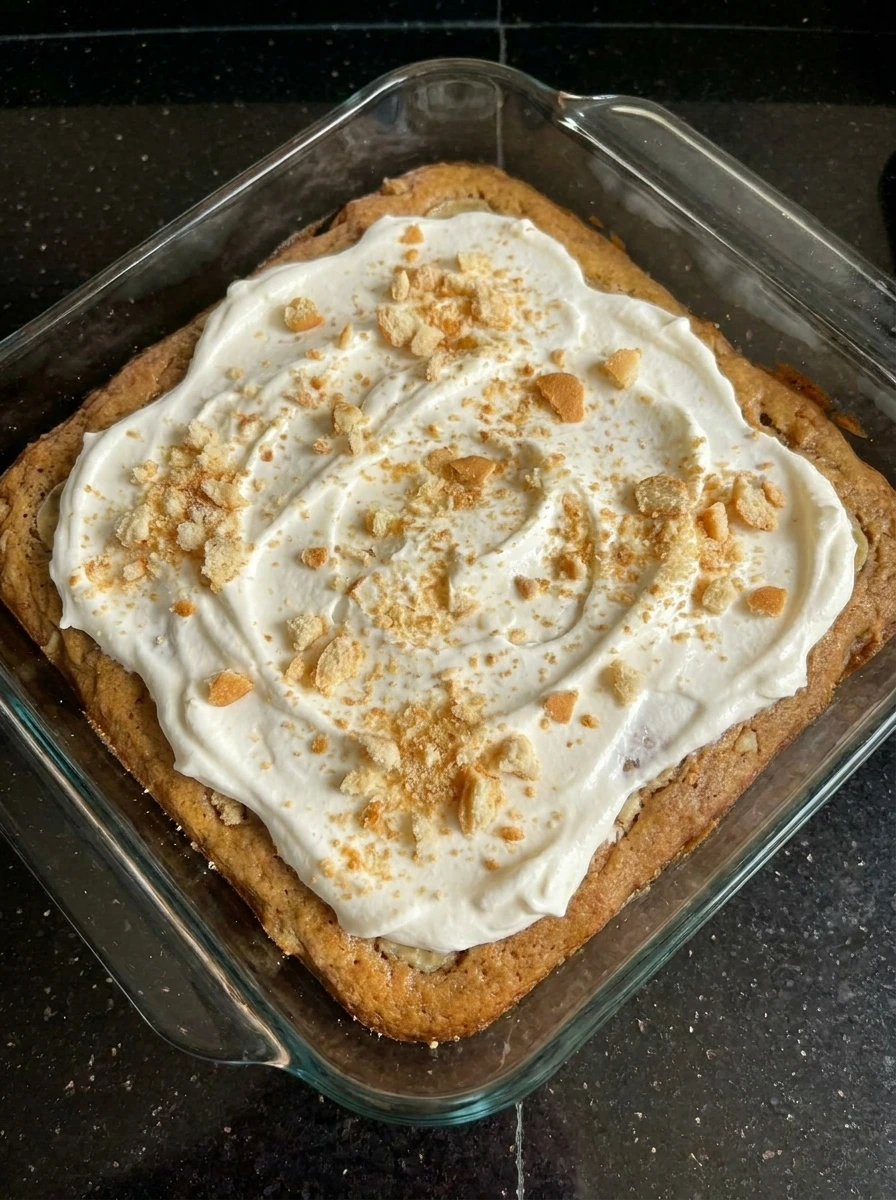 Banana brownies topped with whipped topping and vanilla wafers