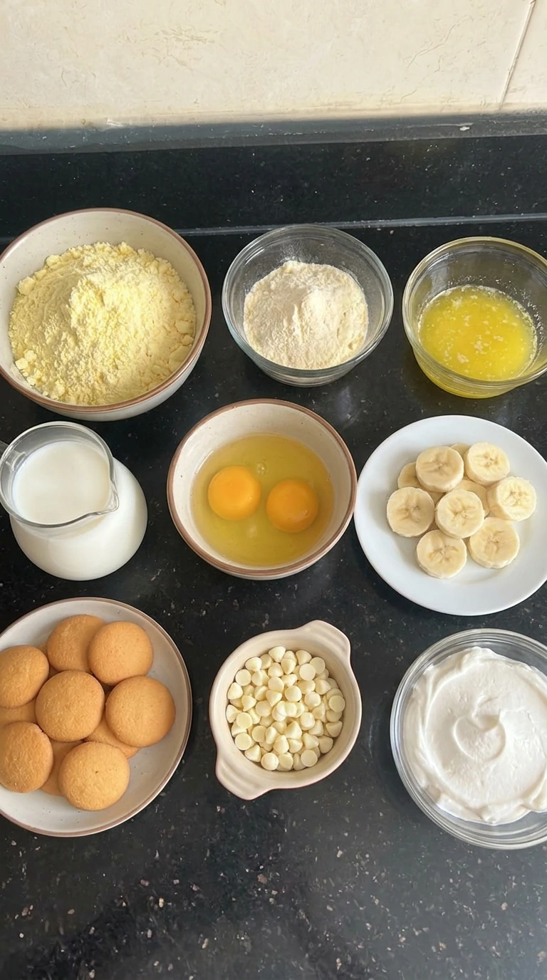 Ingredients for Banana Pudding Brownies arranged separately