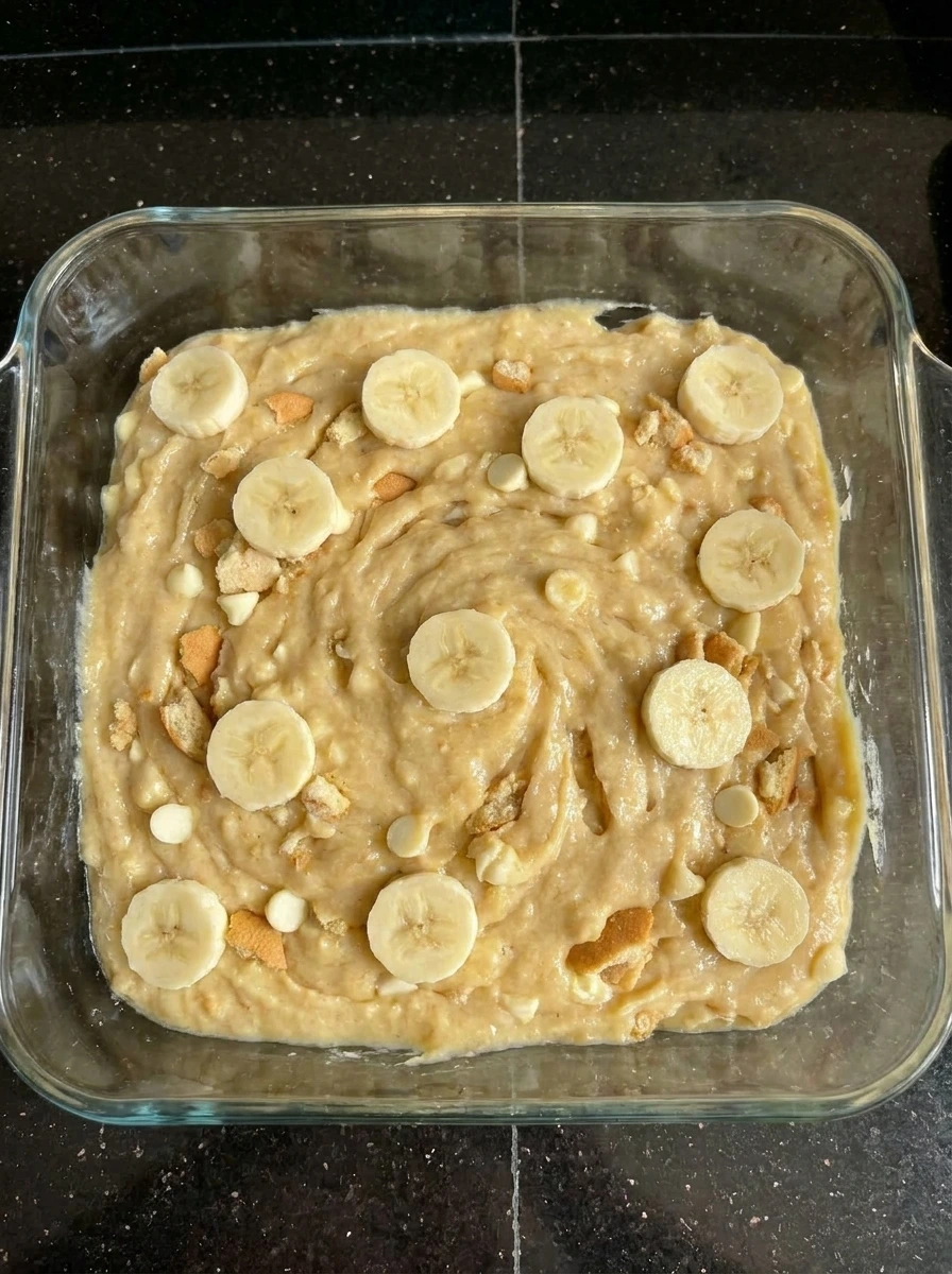 Banana brownie batter layered with bananas and vanilla wafers