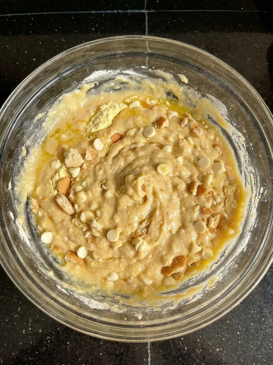 Mixing thick banana pudding brownie batter